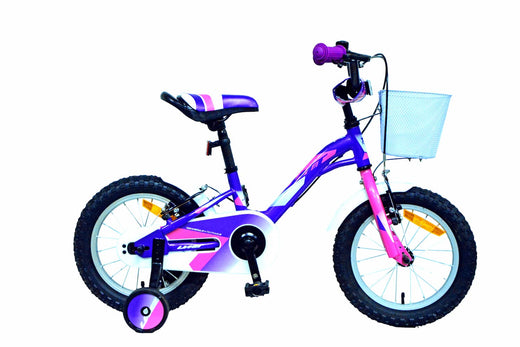 Bicicleta infantil UMIT Alice de 14 pulgadas en color violeta con cesta delantera, ruedines de apoyo y guardabarros, ideal para niñas de 3 a 5 años que aprenden a montar
