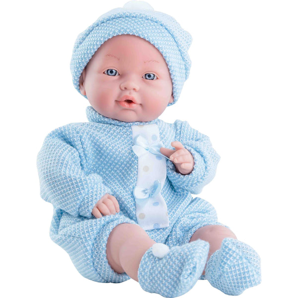 Bebé Daniel llorón de Rosatoys 3724, 40 cm, sentado con pijama azul de nido de abeja, gorrito y patucos