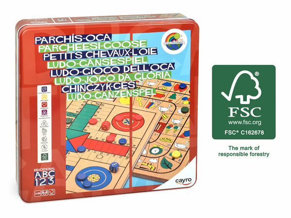 Caja metálica Cayro Parchís Oca 752 con certificación FSC madera sostenible - Juego mesa clásico 2 en 1