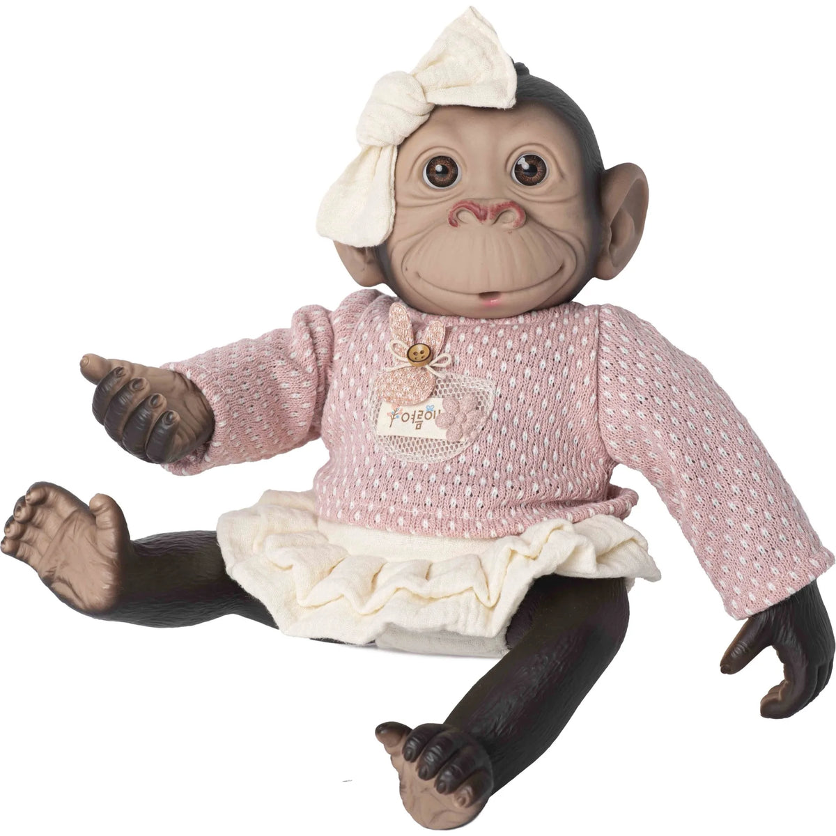Mono reborn de Rosatoys 3340, cría de chimpancé de 35 cm sentada, con jersey rosa de topitos, tutú crema y lazo crema