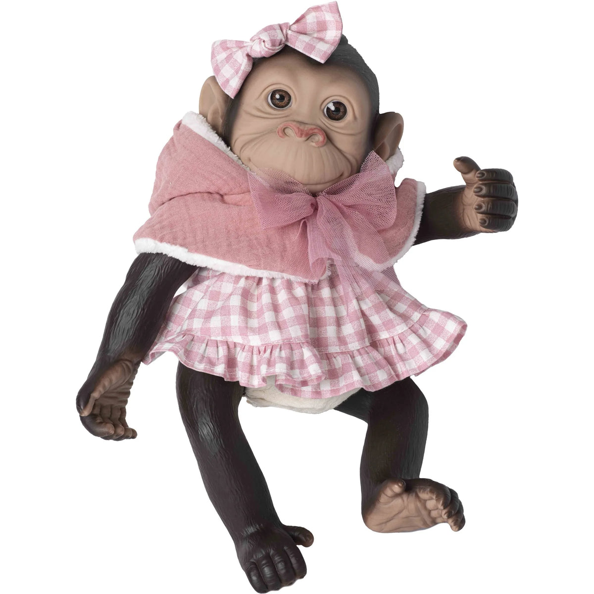 Mono reborn de Rosatoys 3342, cría de chimpancé de 35 cm con vestido de cuadros vichy rosa, capita con lazada de tul y lazo