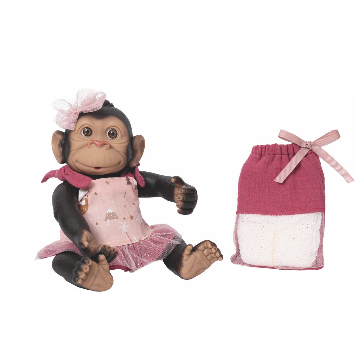 Mono reborn de Rosatoys 3349 de 35 cm con vestido rosa de tul y su bolsa de pañales a juego al lado