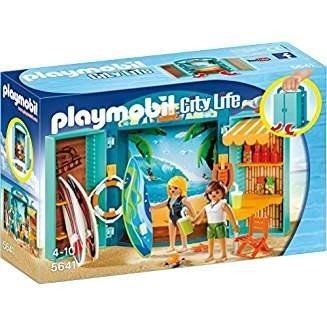 Una caja "TIENDA SURF" de Playmobil COFRE que contiene dos personas disfrutando de una tabla de surf en una tienda "TIENDA SURF".