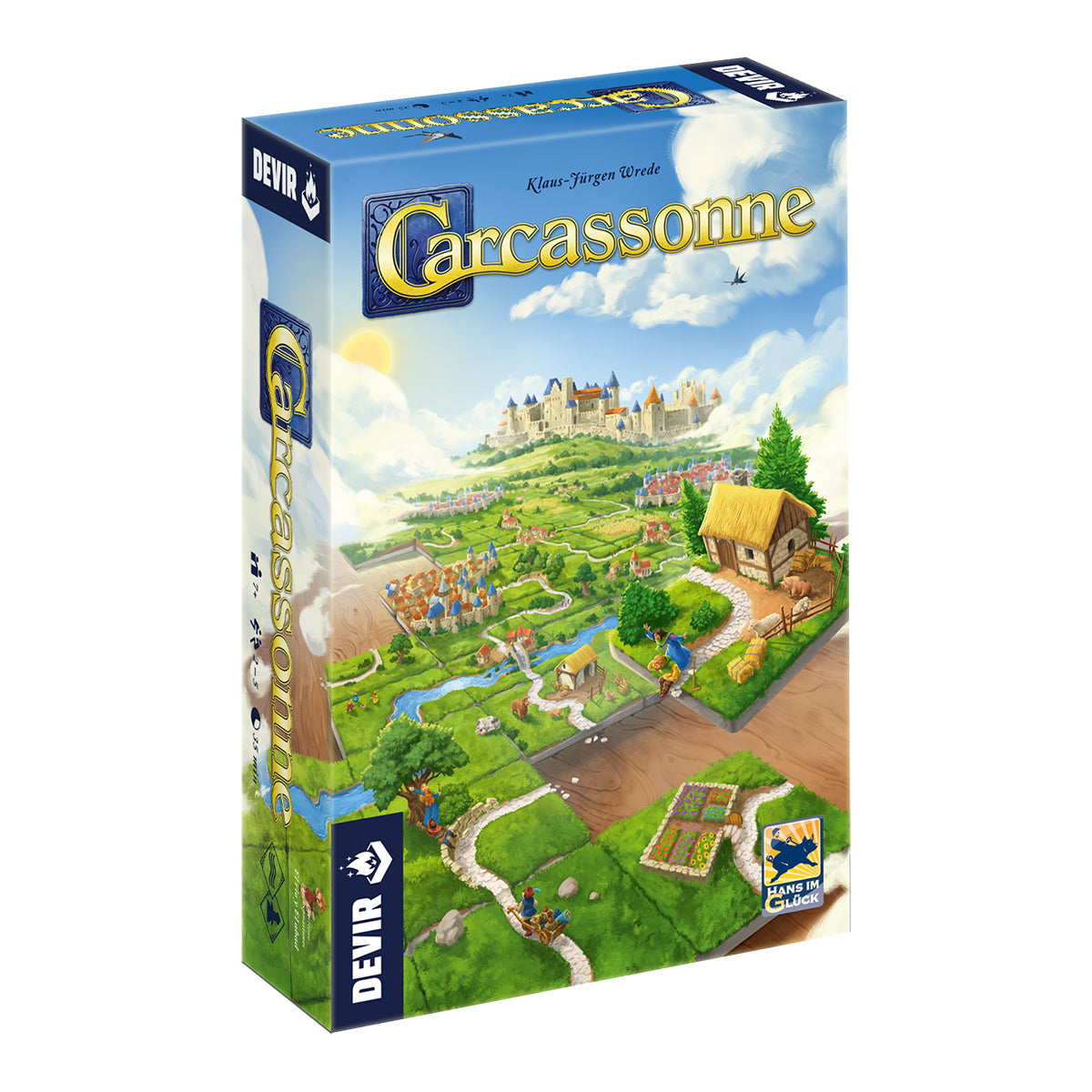 Caja del juego de mesa Carcassonne de Devir, el clásico de colocación de losetas para aprender a jugar y elegir versión
