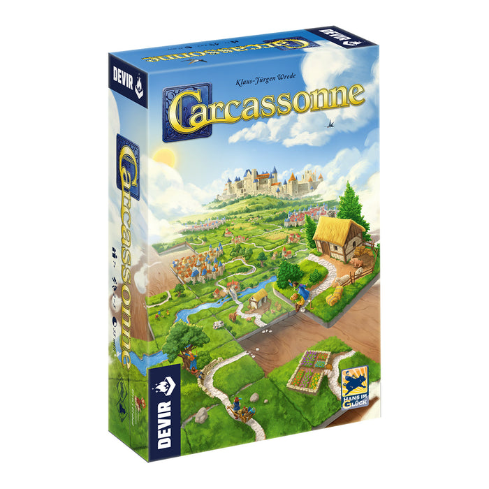 Caja del juego de mesa Carcassonne de Devir, el clásico de colocación de losetas para aprender a jugar y elegir versión