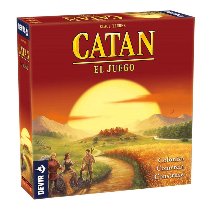 Catan, juego de mesa de estrategia de Devir: caja base con tablero de hexágonos, cartas de recursos y piezas de colonos para elegir según cuántos jugáis
