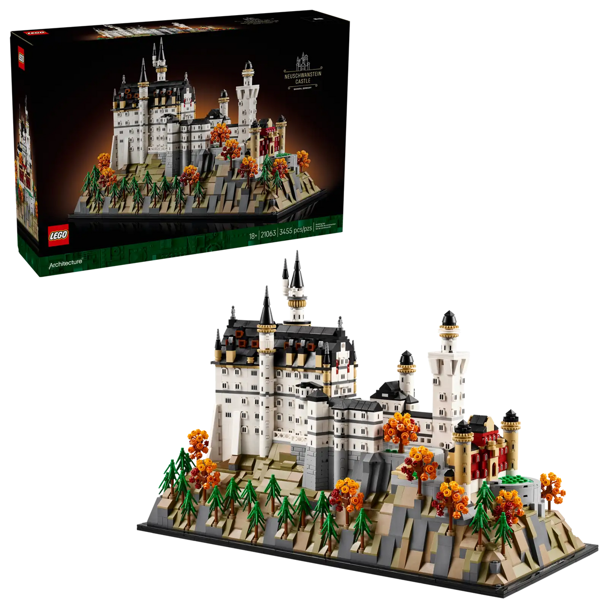 LEGO Architecture Castillo de Neuschwanstein 21063 montado, con patios, escaleras y árboles estacionales