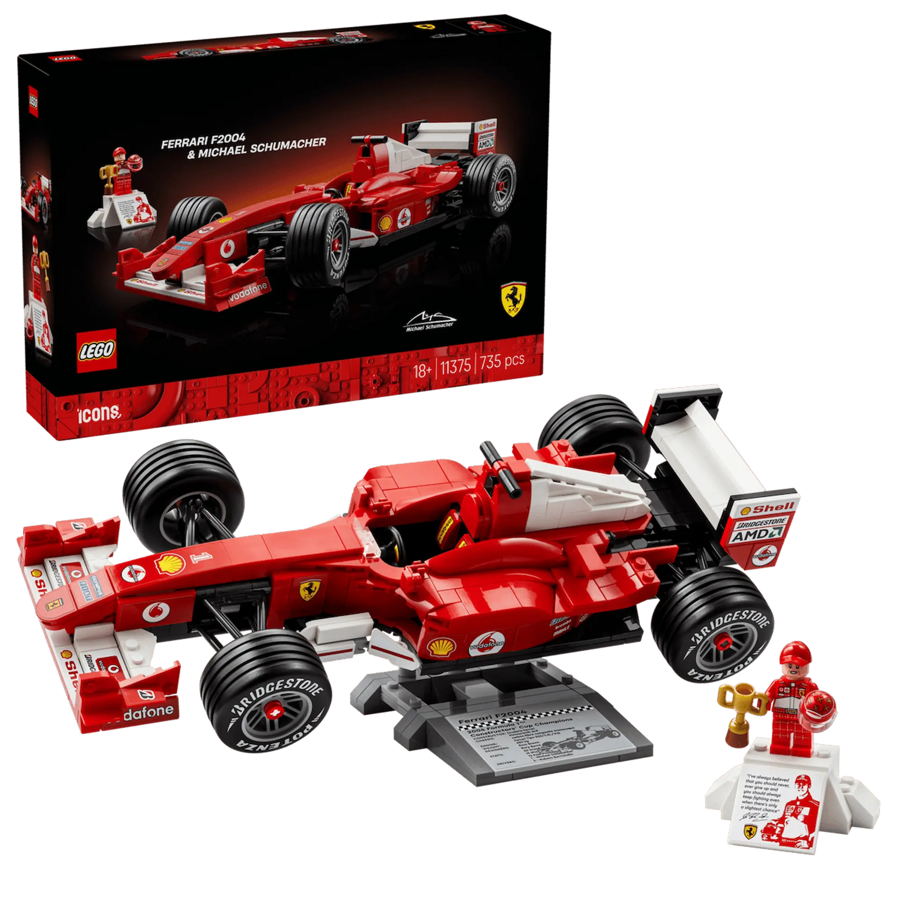 Caja del set LEGO Icons Ferrari F2004 con la figura de Michael Schumacher