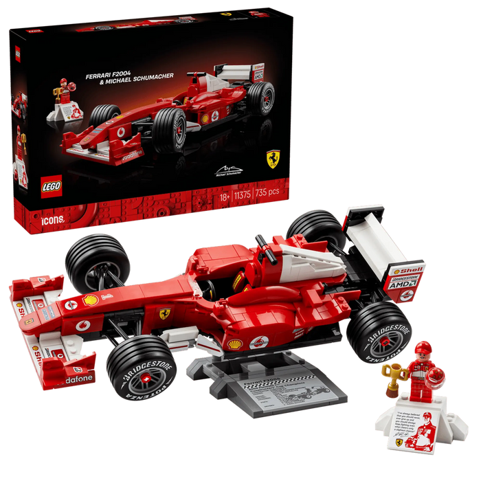 Caja del set LEGO Icons Ferrari F2004 con la figura de Michael Schumacher