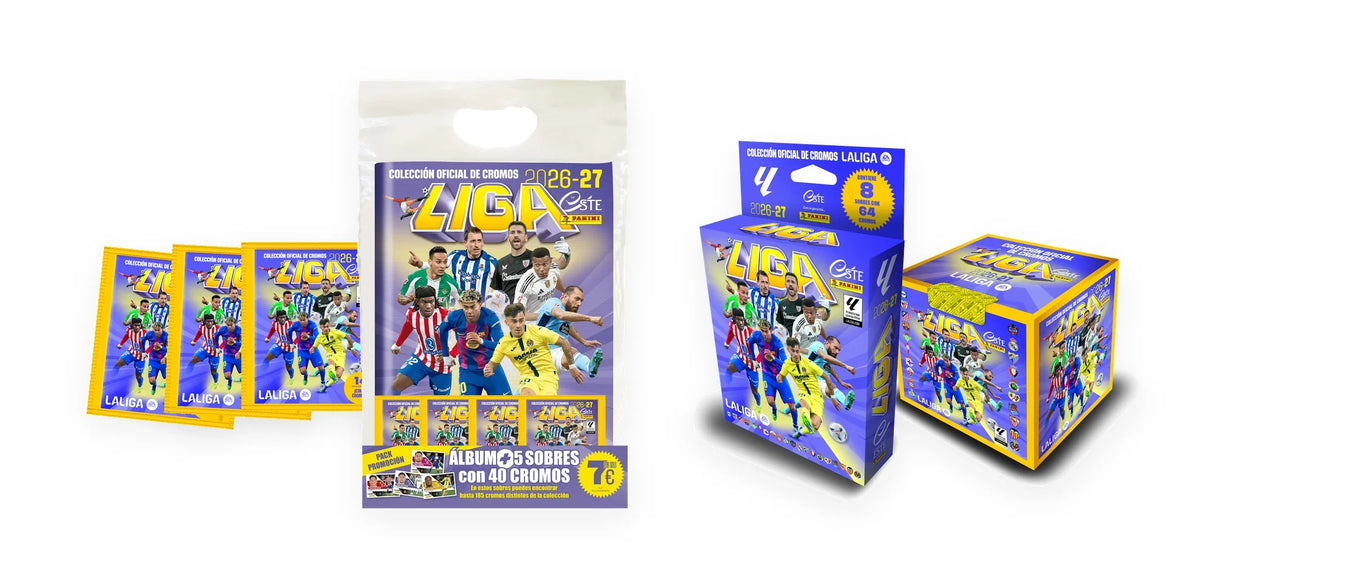 Starter pack, sobres, ecoblíster y caja de 50 sobres de la colección Panini Liga Este 2026/27