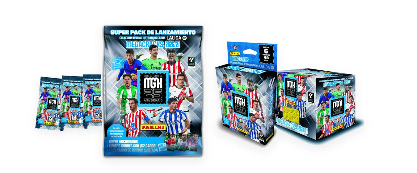 Megapack, sobres, ecoblíster y caja de 50 sobres de la colección Panini MegaCracks 2026/27
