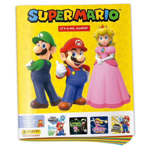 Álbum de cromos Panini Super Mario It's-a Me, Mario! 2026 con Mario, Luigi y Peach en la portada