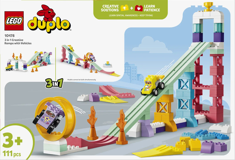 LEGO DUPLO Town 10478 Rampas Creativas “3 en 1” con Vehículos - caja reverso con escenas de juego