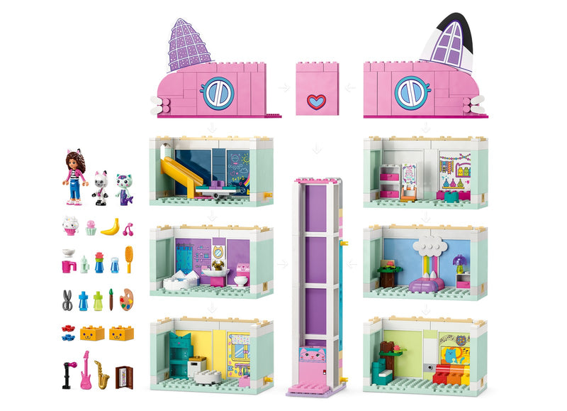 Contenido completo del LEGO 10788 La Casa de Muñecas de Gabby: habitaciones, ascensor, figuras y accesorios