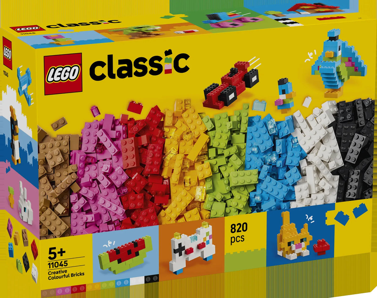 Caja frontal LEGO Classic 11045 Creative Colourful Bricks fondo amarillo: 820 piezas, edad 5+, muestras de modelos construidos (sandía, gato, mando, loro) en esquina inferior