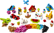 LEGO Classic 11045 Ladrillos Creativos a Todo Color montado: loro azul, patín en línea fucsia, casita con tejado rojo, gato naranja, conejo blanco, sandía, coche de carreras rojo, helado y mini-creaciones de 820 piezas sobre fondo blanco