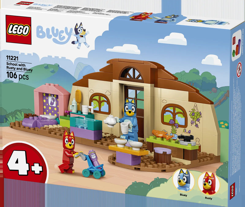 LEGO Bluey 11221 Escuela con Rusty y Bluey - caja lateral con detalles del set
