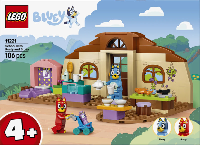 LEGO Bluey 11221 Escuela con Rusty y Bluey - caja reverso con escenas de juego