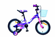 Bicicleta infantil UMIT Alice de 14 pulgadas en color violeta con cesta delantera, ruedines de apoyo y guardabarros, ideal para niñas de 3 a 5 años que aprenden a montar
