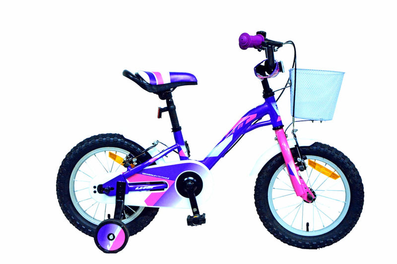 Bicicleta infantil UMIT Alice de 14 pulgadas en color violeta con cesta delantera, ruedines de apoyo y guardabarros, ideal para niñas de 3 a 5 años que aprenden a montar
