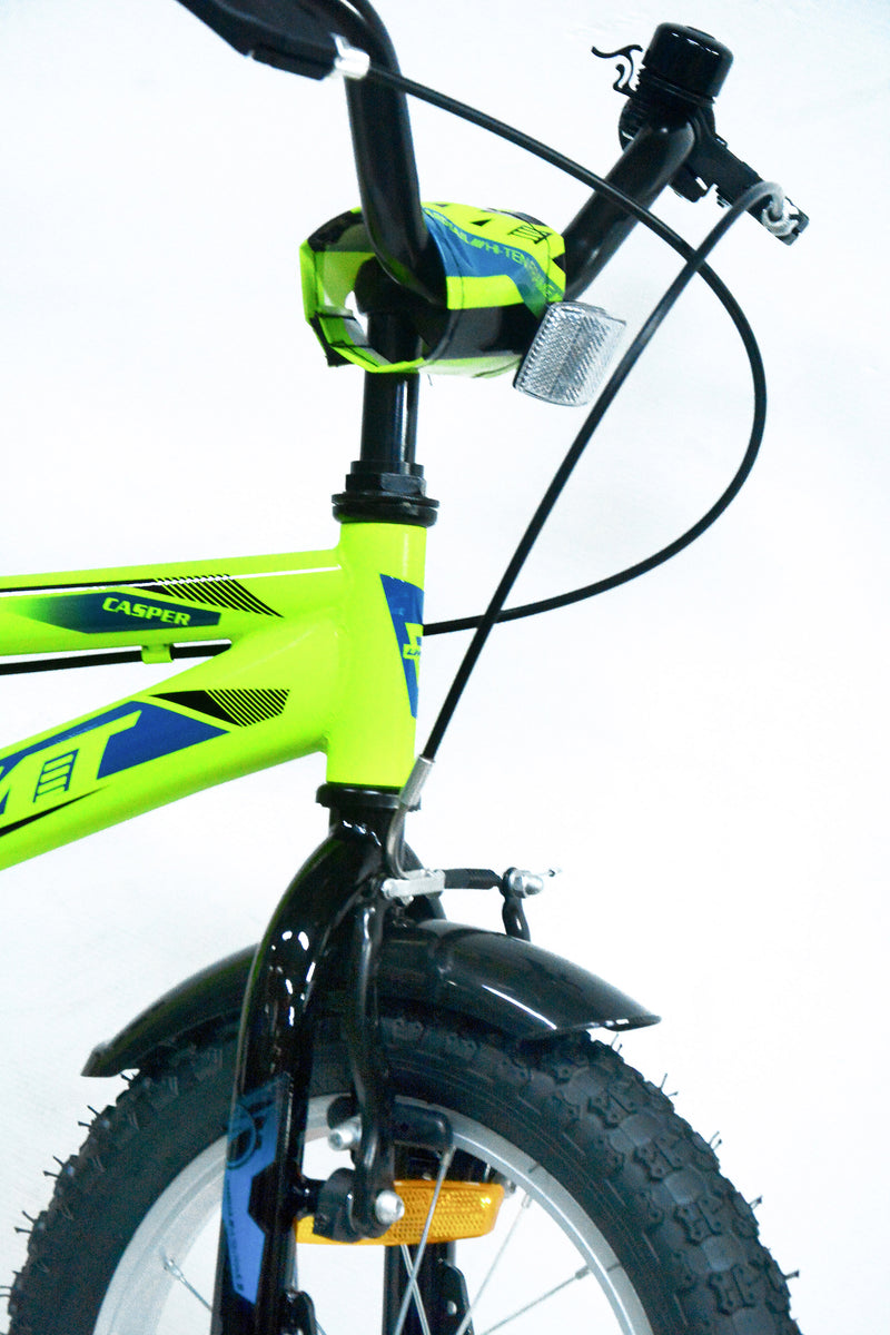 Detalle del sistema de frenos V-Brake de la bicicleta UMIT Casper 14 pulgadas verde, mostrando manetas ergonómicas adaptadas a manos pequeñas y sistema de frenado seguro para niños
