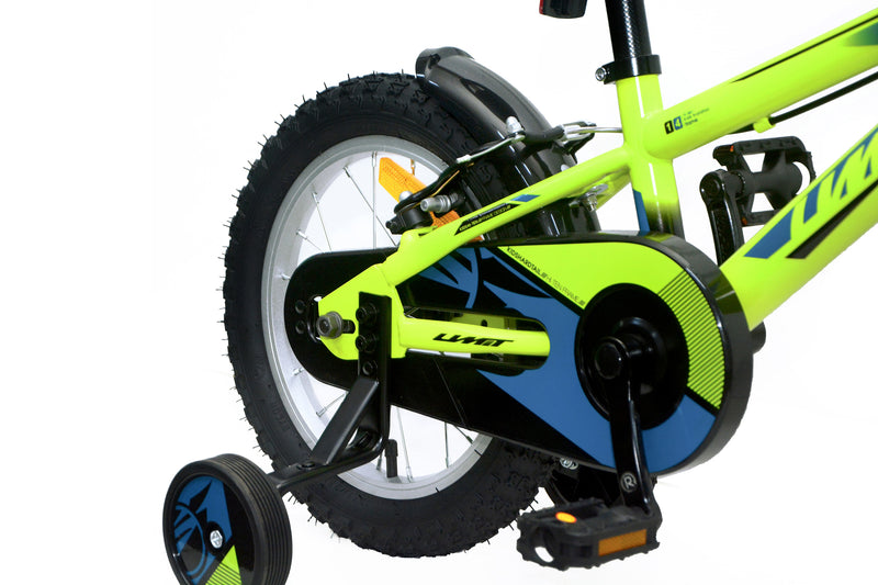 Bicicleta UMIT Casper 14" verde con guardabarros protectores, plato de seguridad cerrado, manillar con puños antideslizantes y estructura de acero de alta calidad para máxima durabilidad
