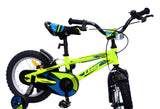 Vista lateral completa de la bicicleta UMIT Casper 1426-42 en verde con ruedines estabilizadores desmontables, sillín ajustable en altura y diseño robusto para el aprendizaje seguro
