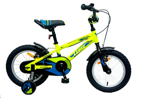 Bicicleta infantil UMIT Casper de 14 pulgadas en color verde brillante con ruedines de apoyo, frenos V-Brake y cuadro de acero resistente, ideal para niños de 3 a 5 años que aprenden a montar
