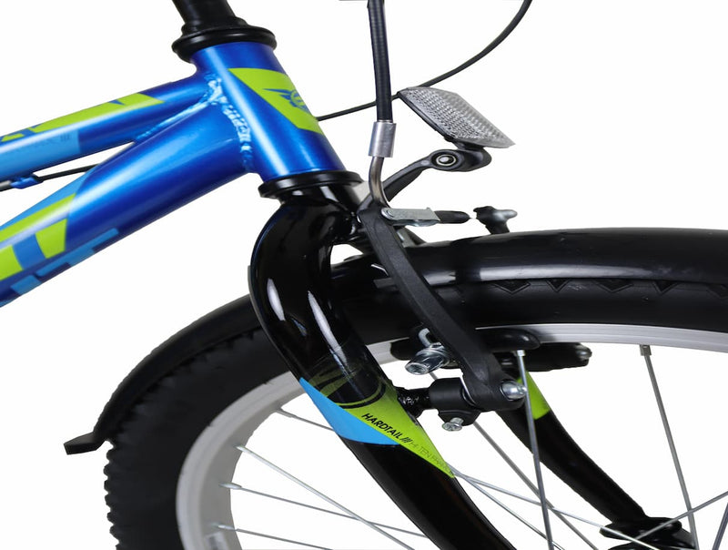 Detalle del sistema de frenos V-Brake de la bicicleta UMIT Casper 18 pulgadas azul-verde, con manetas ergonómicas adaptadas a manos infantiles y frenado seguro y eficaz
