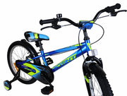 Vista lateral completa de la bicicleta UMIT Casper 1824-24 en azul y verde con ruedines estabilizadores desmontables, sillín ajustable en altura y diseño robusto para aprendizaje seguro
