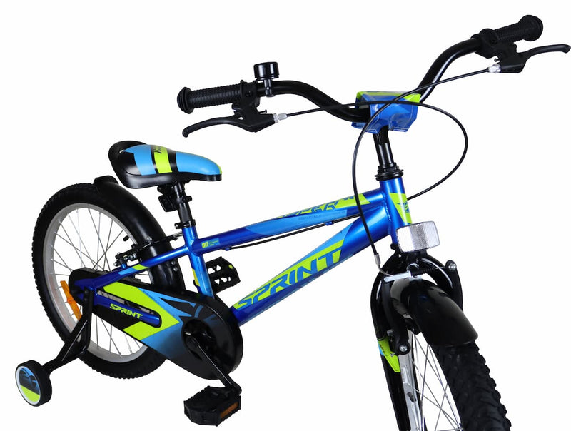 Vista lateral completa de la bicicleta UMIT Casper 1824-24 en azul y verde con ruedines estabilizadores desmontables, sillín ajustable en altura y diseño robusto para aprendizaje seguro
