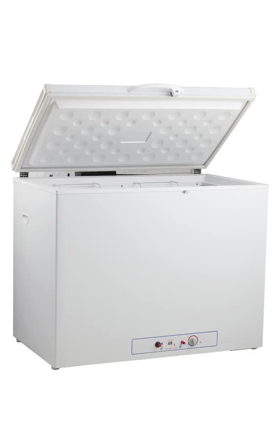 Arcón congelador a gas Vitrokitchen ACG191BE de 191 litros en blanco con la tapa abierta
