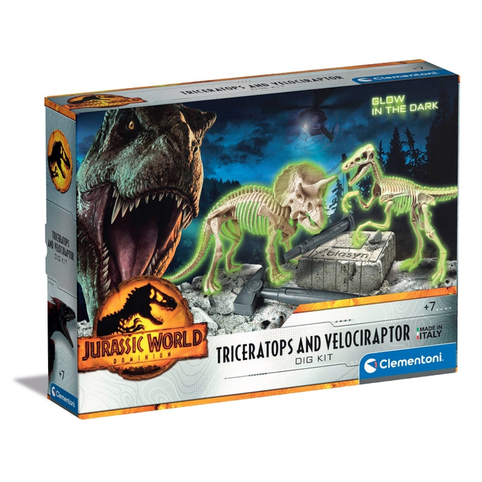 Kit de excavación Jurassic World Triceratops y Velociraptor Clementoni 19289, caja