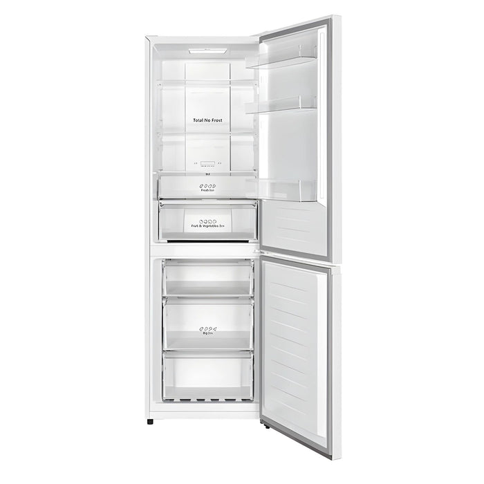 	2.	Interior del Frigorífico Combi Svan mostrando la distribución de 207 L en el refrigerador y 97 L en el congelador con estantes de vidrio ajustables.