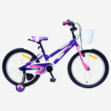 Bicicleta infantil UMIT Calypso 20 pulgadas violeta con cesta delantera, ruedines y guardabarros, vista lateral completa (2025-03)