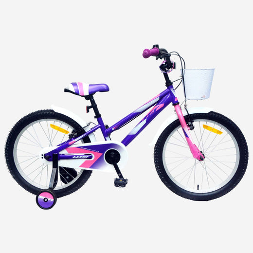Bicicleta infantil UMIT Calypso 20 pulgadas violeta con cesta delantera, ruedines y guardabarros, vista lateral completa (2025-03)