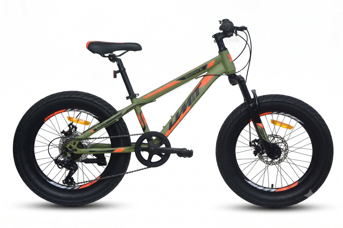 Bicicleta UMIT Spartan X de 20 pulgadas verde y naranja con ruedas anchas