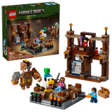 
Set LEGO Minecraft 21272 montado junto a la caja original con Steve y Creeper en primer plano.