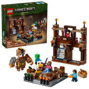 
Set LEGO Minecraft 21272 montado junto a la caja original con Steve y Creeper en primer plano.