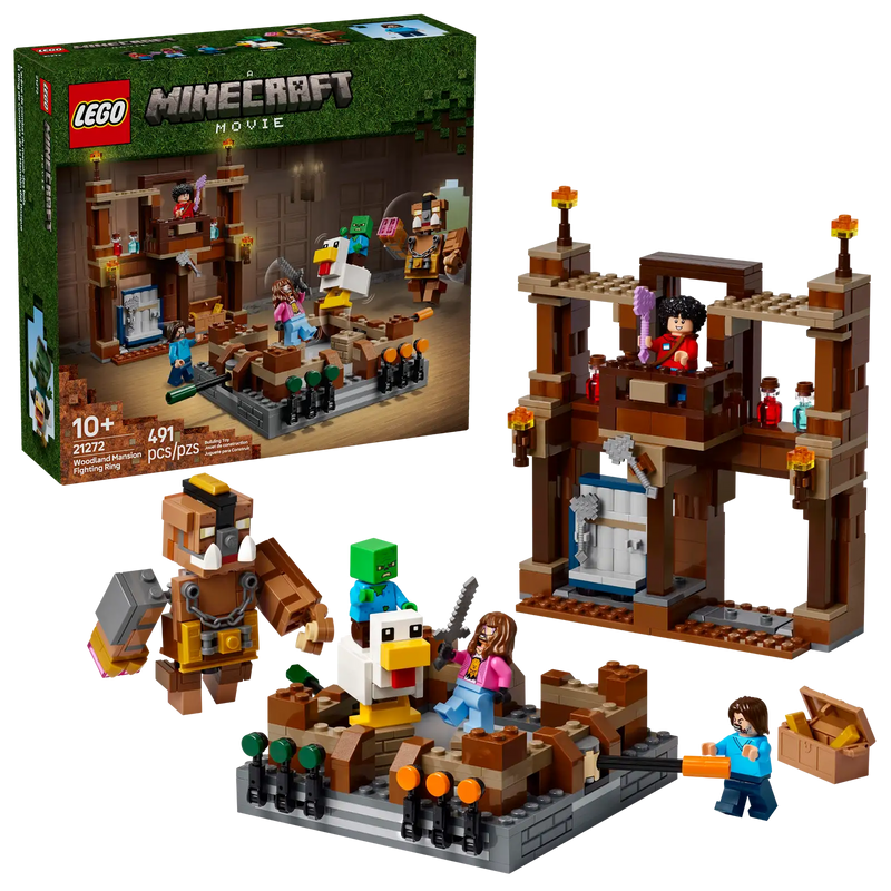 
Set LEGO Minecraft 21272 montado junto a la caja original con Steve y Creeper en primer plano.