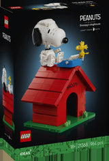 Caja frontal LEGO Ideas 21368 PEANUTS Snoopy's Doghouse fondo negro: Snoopy y Woodstock sobre tejado rojo, edición LEGO IDEAS #076, edad 18+, 964 piezas