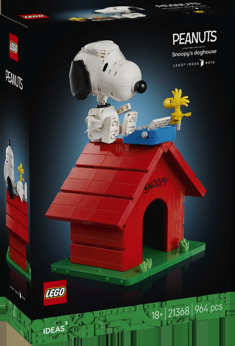 Caja frontal LEGO Ideas 21368 PEANUTS Snoopy's Doghouse fondo negro: Snoopy y Woodstock sobre tejado rojo, edición LEGO IDEAS #076, edad 18+, 964 piezas