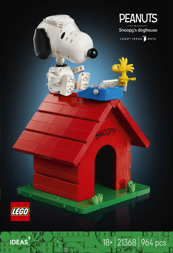 Caja frontal alternativa LEGO Ideas 21368 Peanuts Snoopy's Doghouse - render del set montado sobre fondo oscuro