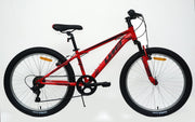 Vista lateral completa de la bicicleta UMIT XR-240 2426-1 en rojo con horquilla de suspensión delantera, frenos V-Brake potentes y ruedas de 24 pulgadas con neumáticos todoterreno
