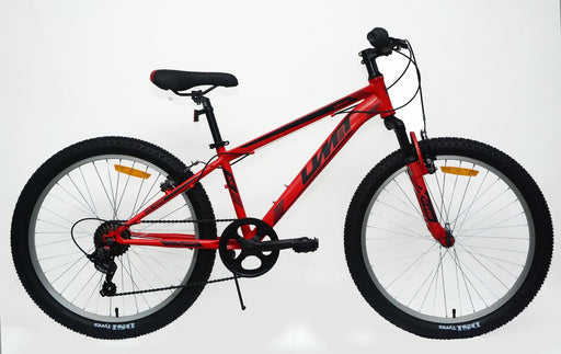 Vista lateral completa de la bicicleta UMIT XR-240 2426-1 en rojo con horquilla de suspensión delantera, frenos V-Brake potentes y ruedas de 24 pulgadas con neumáticos todoterreno
