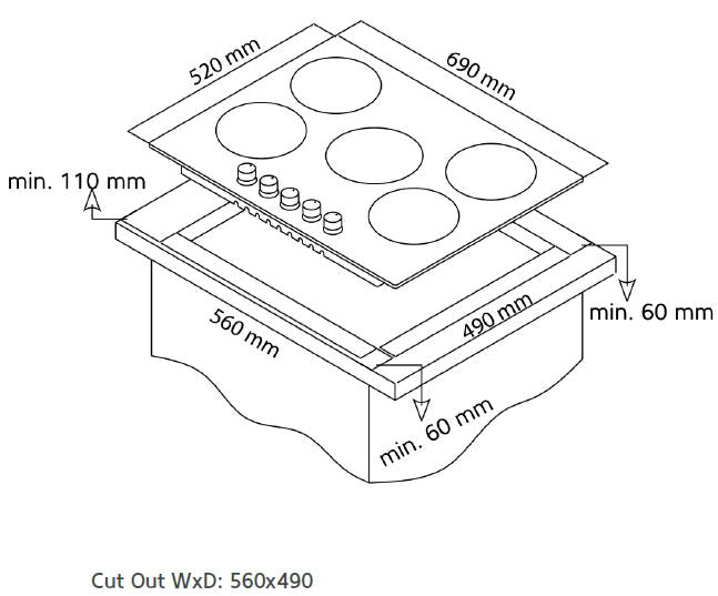 Encimera de Gas ARTICA ACG7050 5 Fuegos Cristal Negro 70cm con Quemador Wok