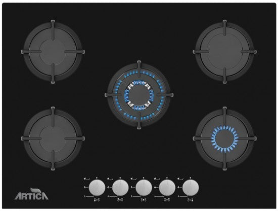 Encimera de Gas ARTICA ACG7050 5 Fuegos Cristal Negro 70cm con Quemador Wok