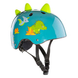 Casco infantil Moltó Dino 26250 con dinosaurios y cuernos decorativos, visto de lado