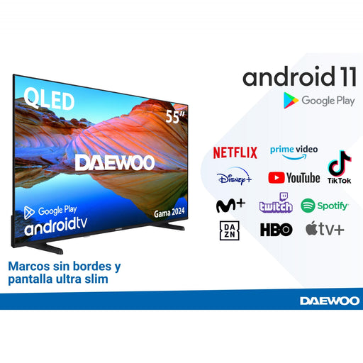 TV DAEWOO 55" QLED 4K con acceso a Netflix, Google Assistant y Prime Video, ideal para entretenimiento en casa.