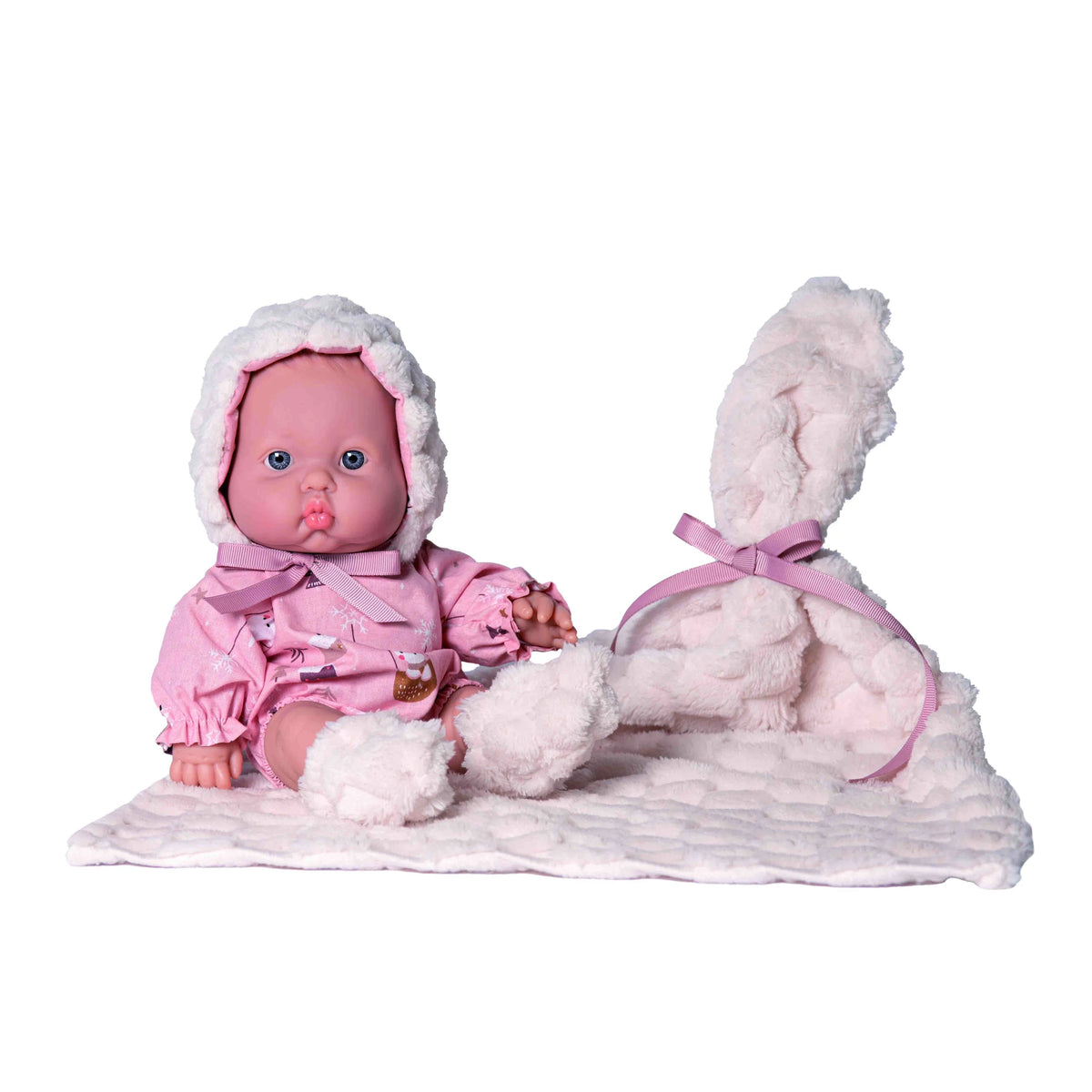 Bebé gordito de Rosatoys 3017 de 30 cm sentado, con pelele rosa de capucha de borreguito y manta acolchada rosa con orejas de conejo